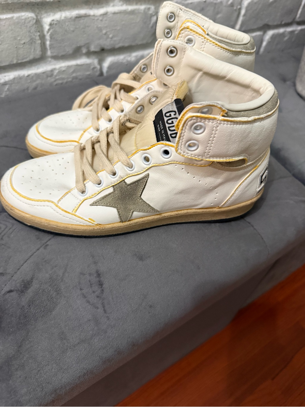 Golden Goose White High-Top Sneakers With Grey Star And Yellow Trim